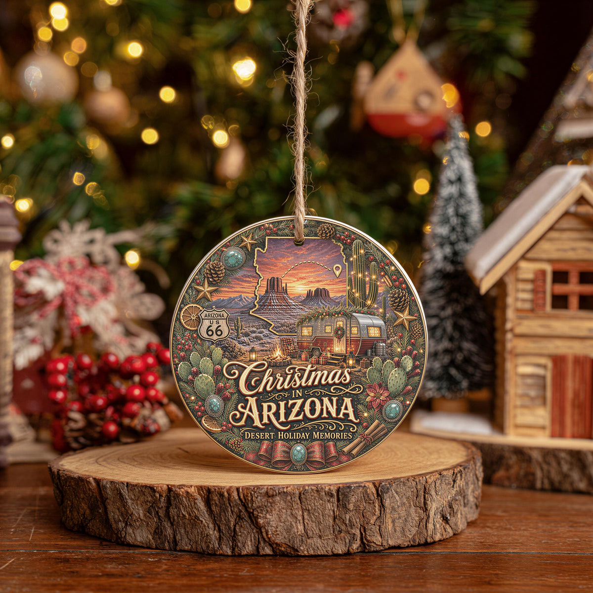 Arizona Christmas Ornament | Ceramic Keepsake | Desert Sunset Camper