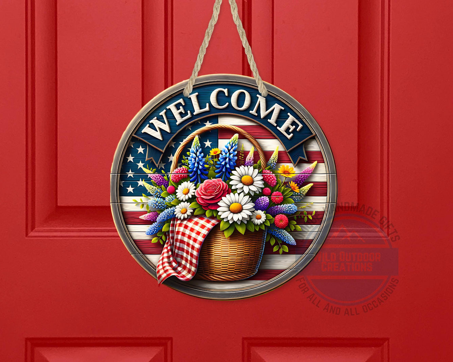 Patriotic Door Hanger - Aluminum Outdoor Sign With American Flag & Floral Basket - alternate view