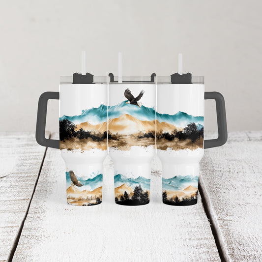 40 Oz Tumbler, Bald Eagle Teal Mountain Watercolor With Handle