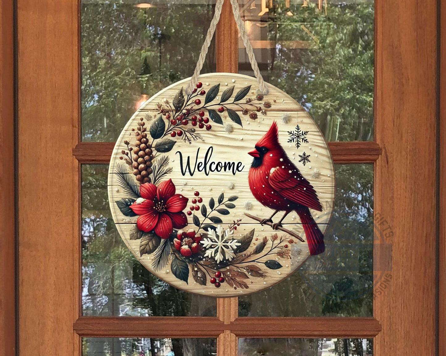 Cardinal Door Hanger - Winter Floral Wreath | Lightweight Aluminum Holiday Porch Sign - packaging and presentation