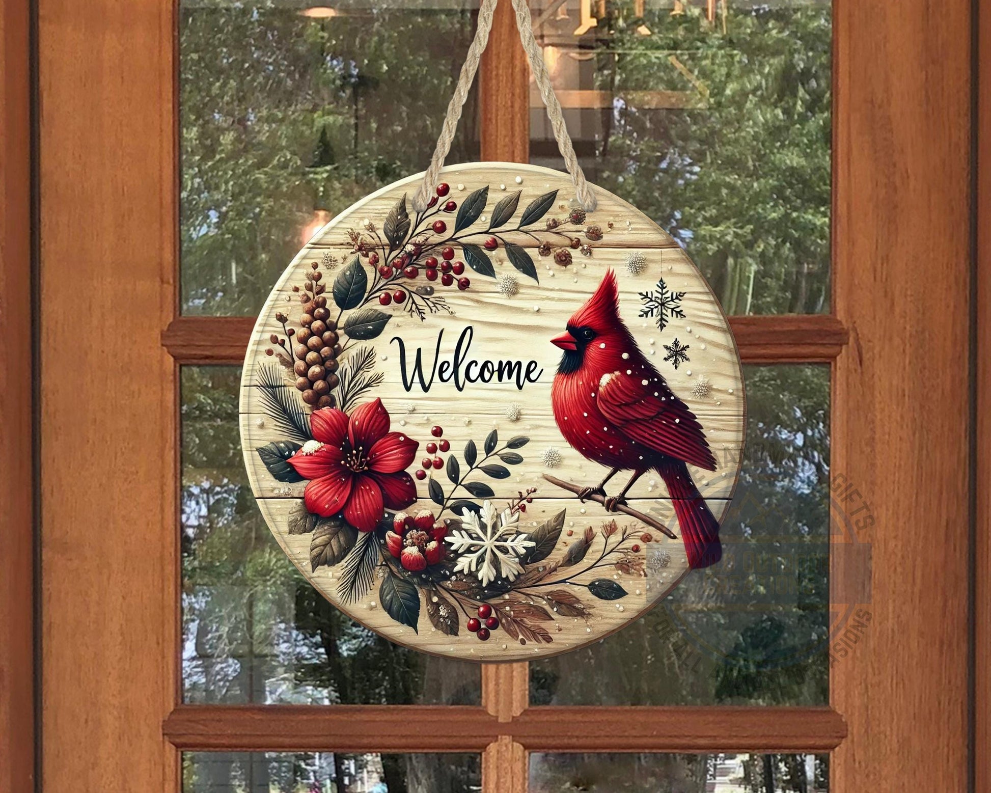 Cardinal Door Hanger - Winter Floral Wreath | Lightweight Aluminum Holiday Porch Sign - packaging and presentation