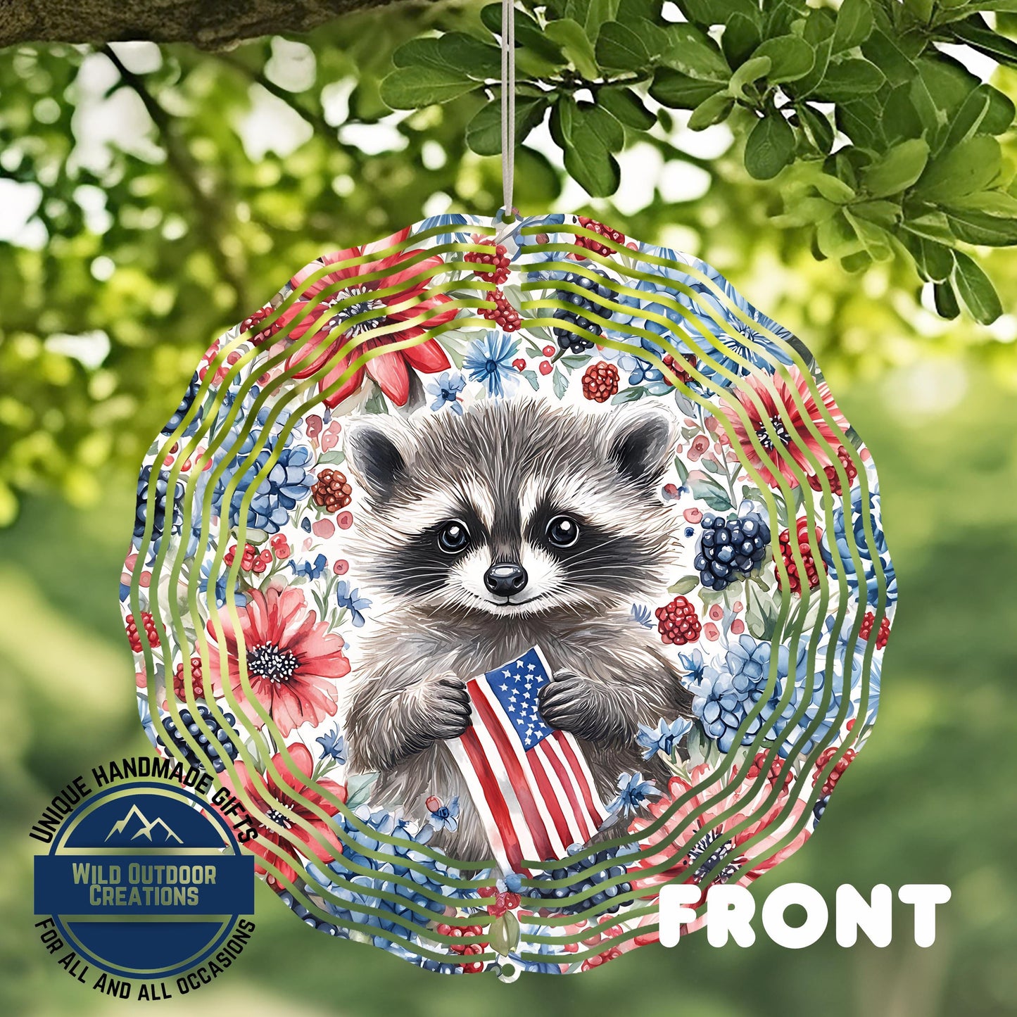 Patriotic Raccoon Spinner - Aluminum Outdoor Wind Spinner With American Flag Decor