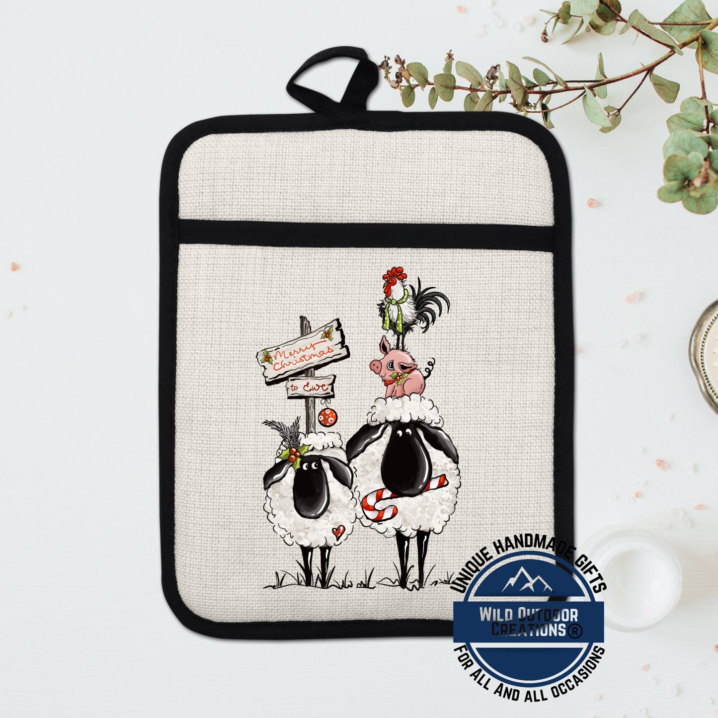 Sheep Pot Holder Linen Hot Pad Merry Christmas Ewe Funny Farmhouse Kitchen Gift
