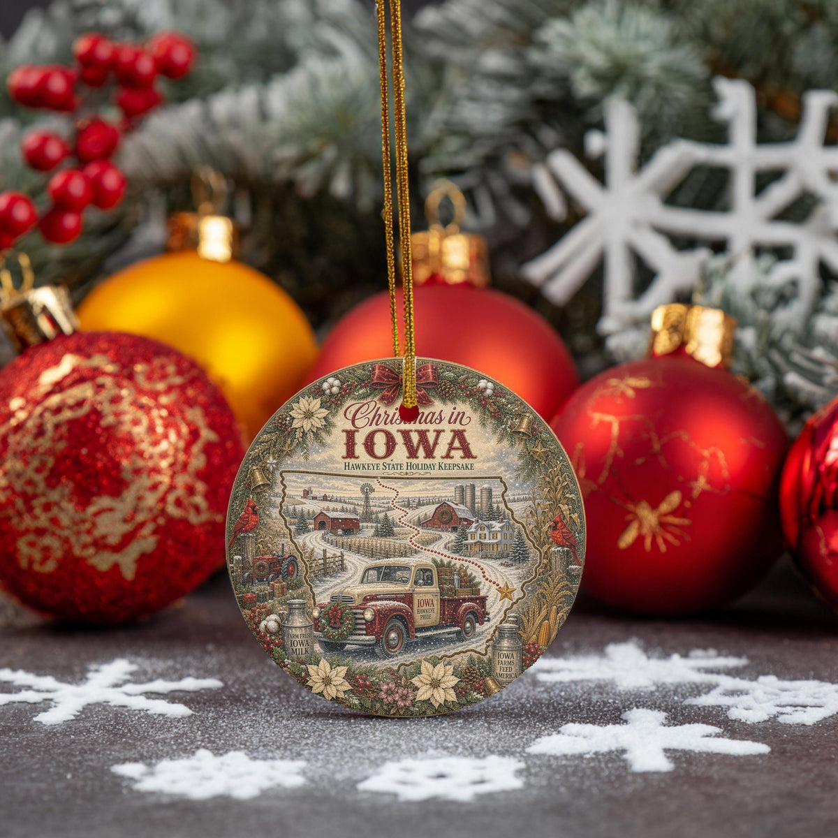Iowa Christmas Ornament, Vintage Truck Cardinal Ceramic Keepsake