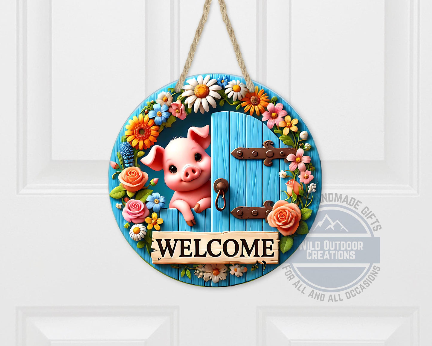 Pig Door Hanger – Farmhouse Welcome Sign | Floral Blue Wood Aluminum Decor - scale and size reference