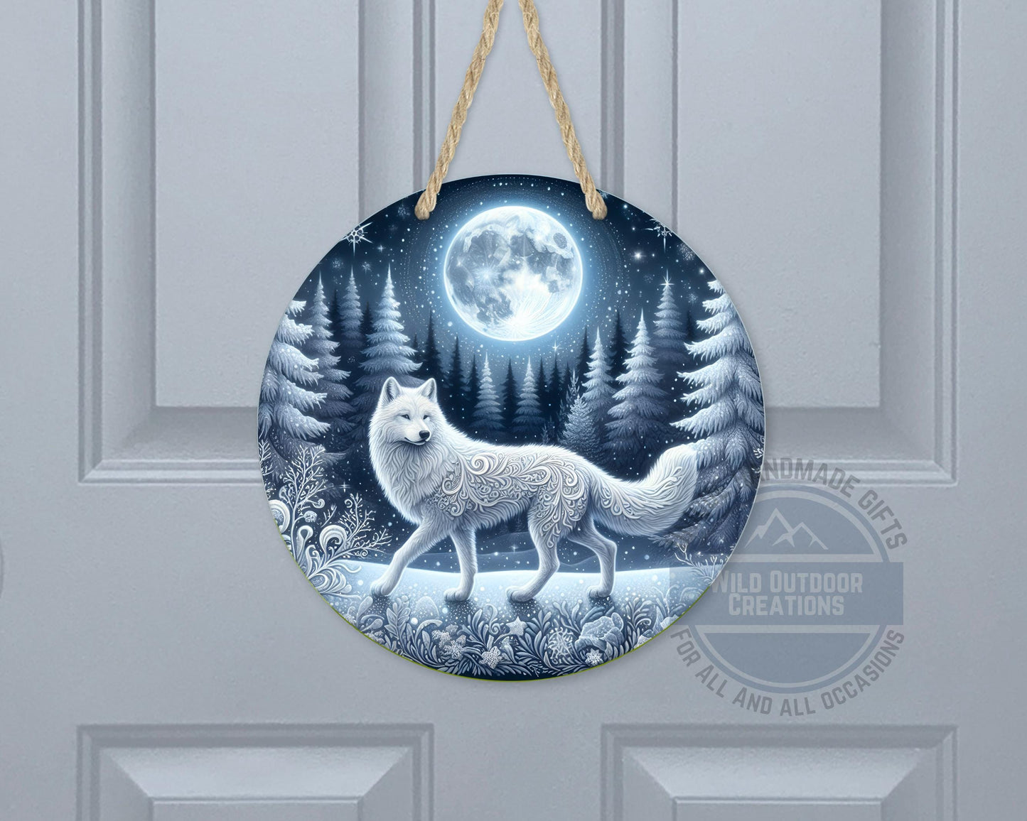 Wolf Door Sign - Rustic Outdoor Decor Full Moon Night with White Wolf Art - gift presentation view