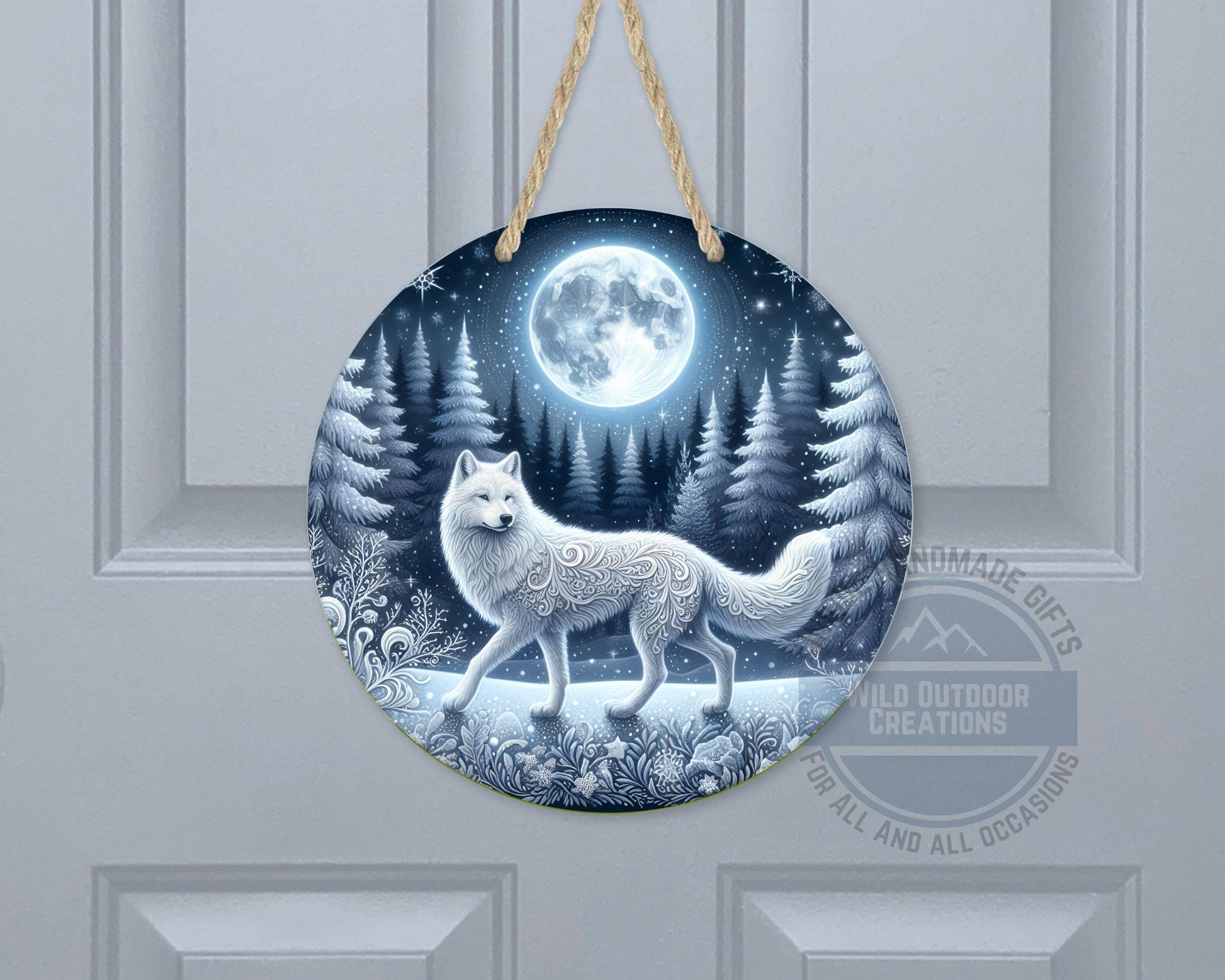 Wolf Door Sign - Rustic Outdoor Decor Full Moon Night with White Wolf Art - gift presentation view