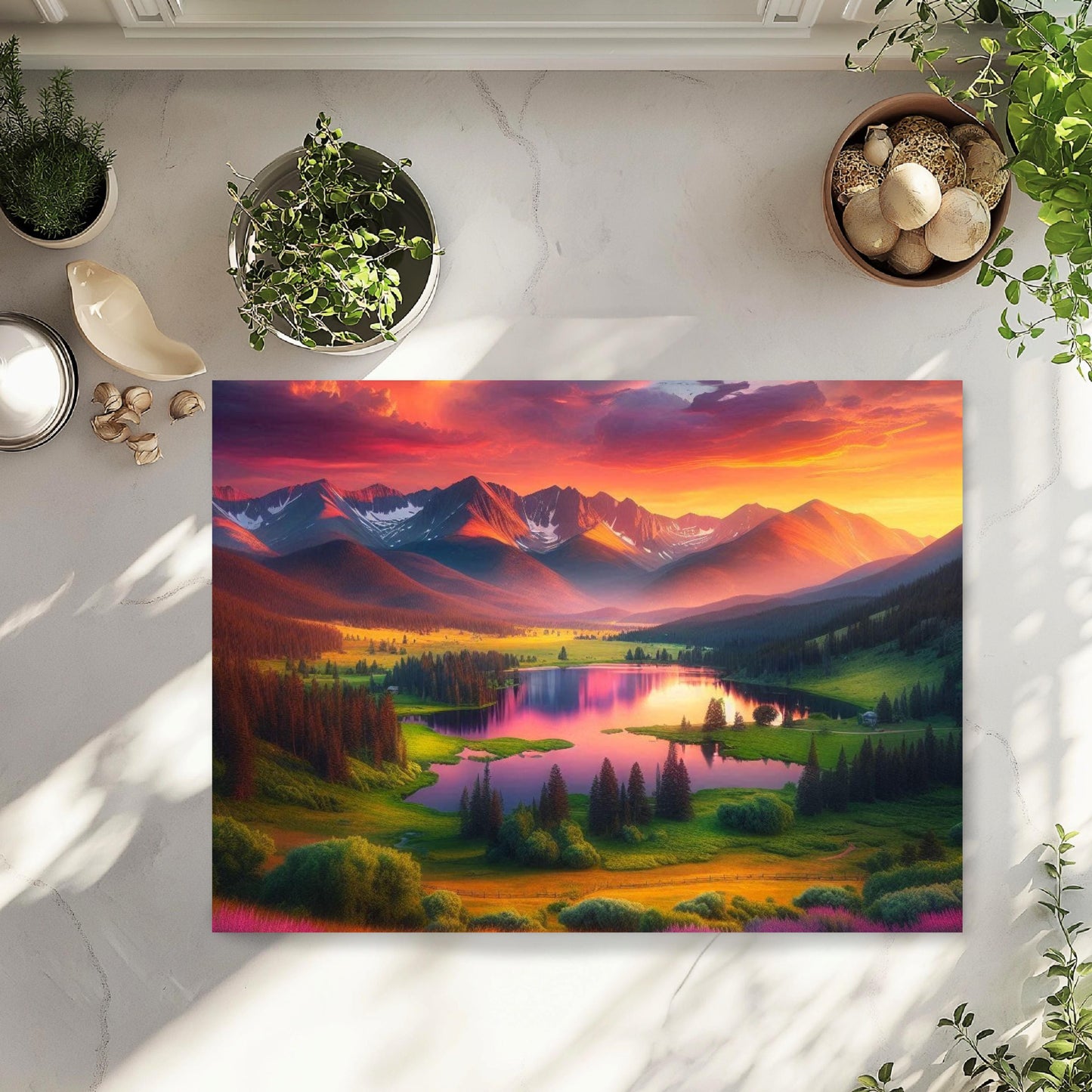 Mountain Lake Sunset Glass Cutting Board - Nature-Inspired Housewarming Gift