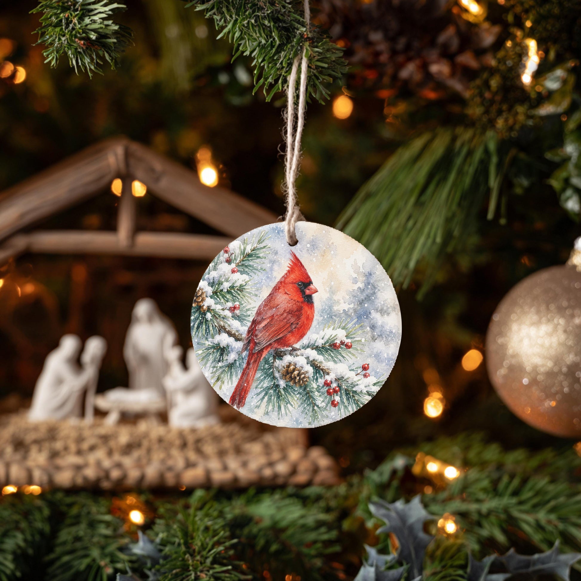 A round ornament featuring a red cardinal perched on a branch, surrounded by pine cones and pine needles, hangs from a Christmas tree.