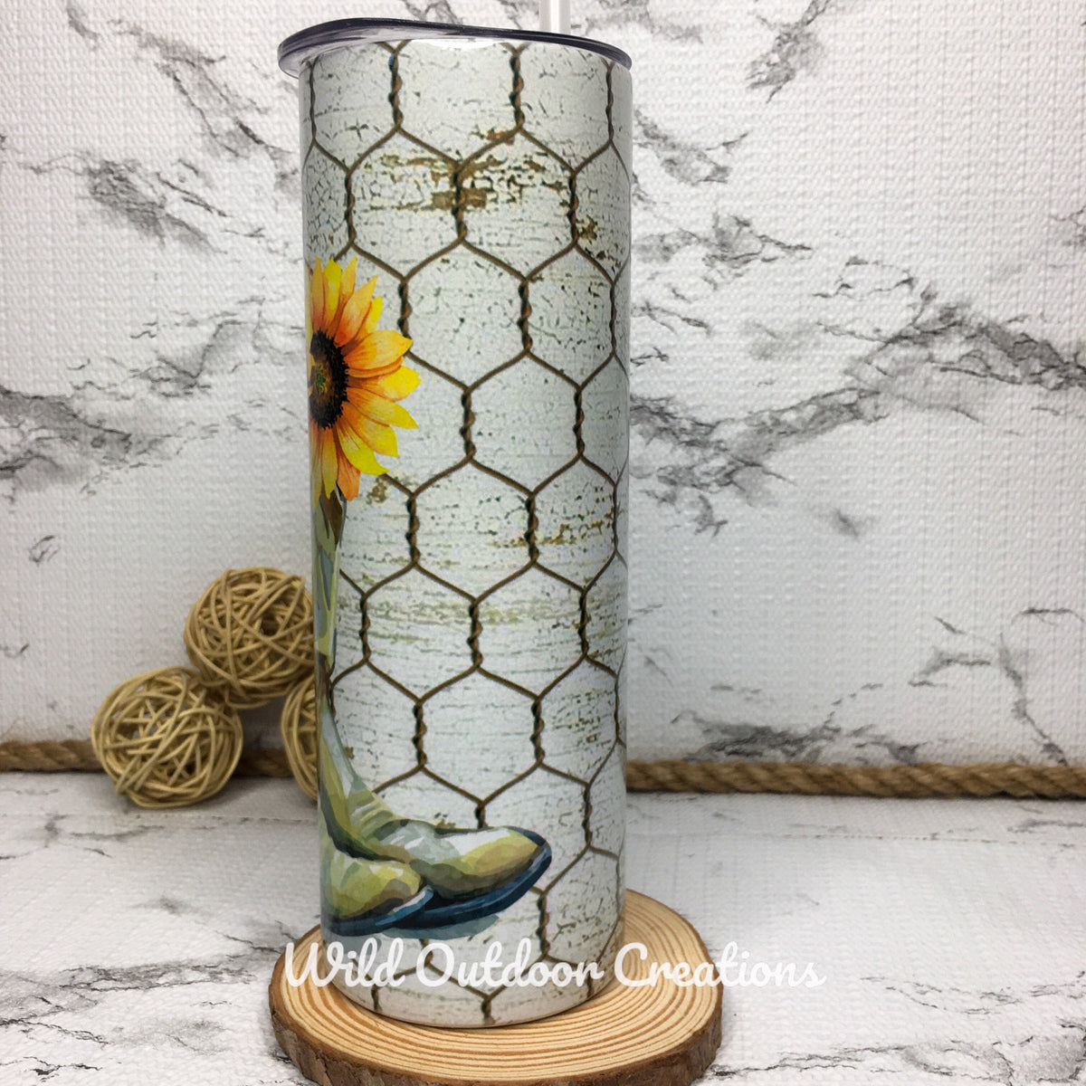 Rustic Sunflower Tumbler, Cowboy Boot Steel, 20 Oz, Lid Straw Cup