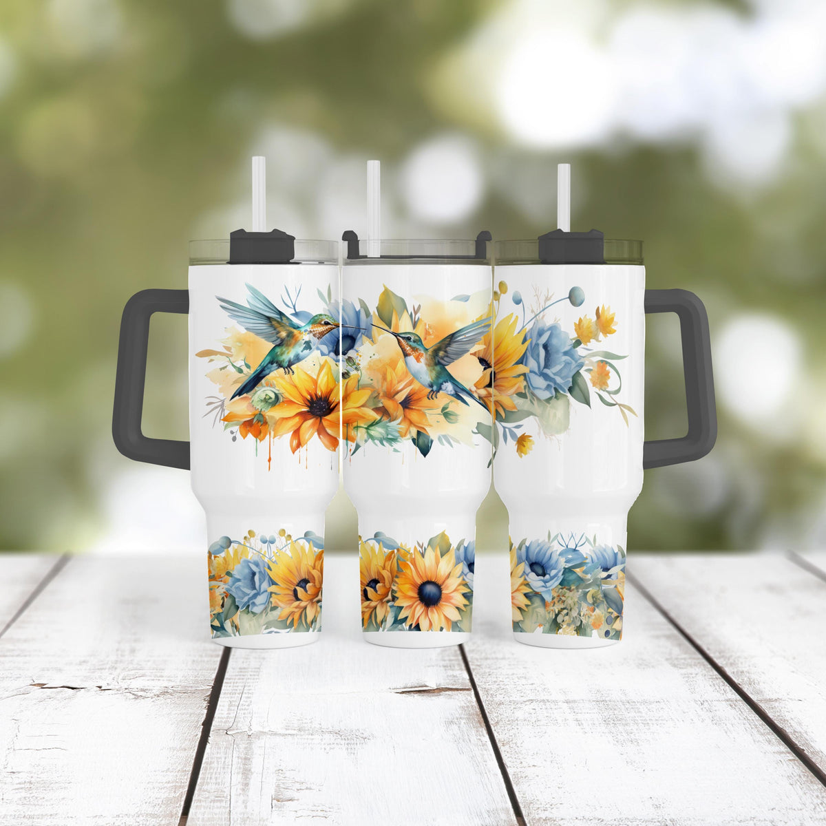 40 Oz Tumbler, Hummingbird Sunflower Blue Floral Cup With Handle