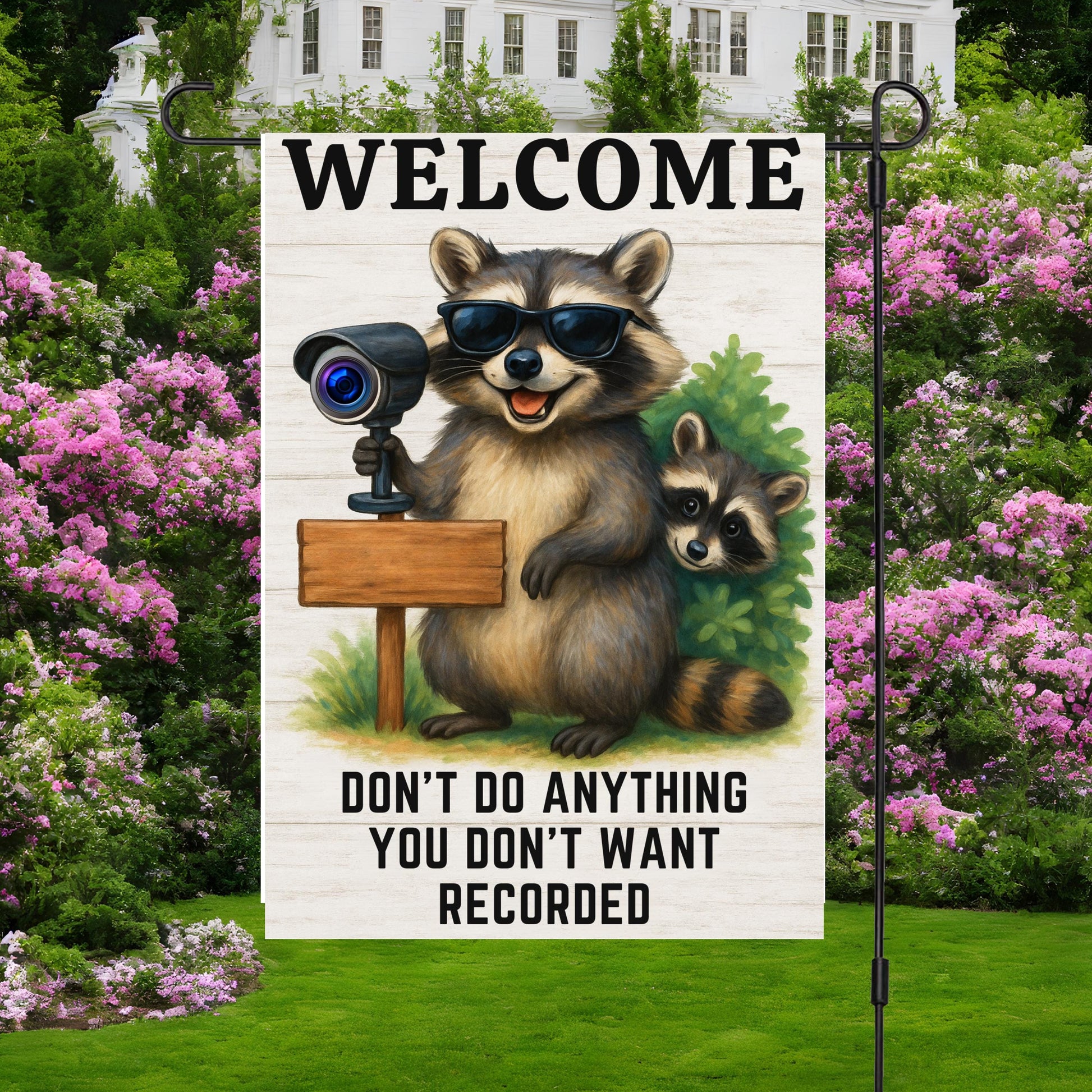 Funny Raccoon Garden Flag – Security Camera Porch Decor | Welcome Yard Banner - packaging and presentation