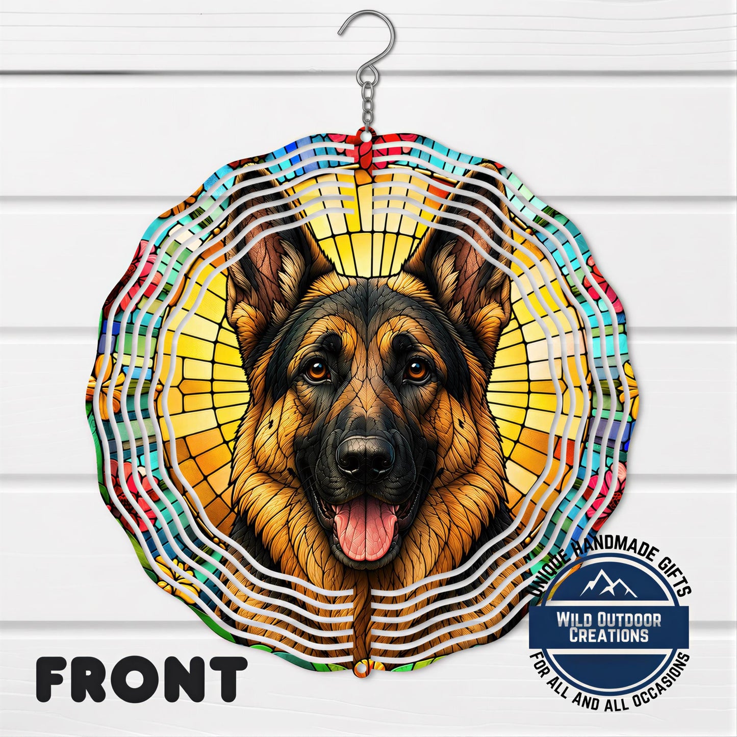 German Shepherd Wind Spinner - 10 Inch Faux Stained Glass Metal Garden Decor