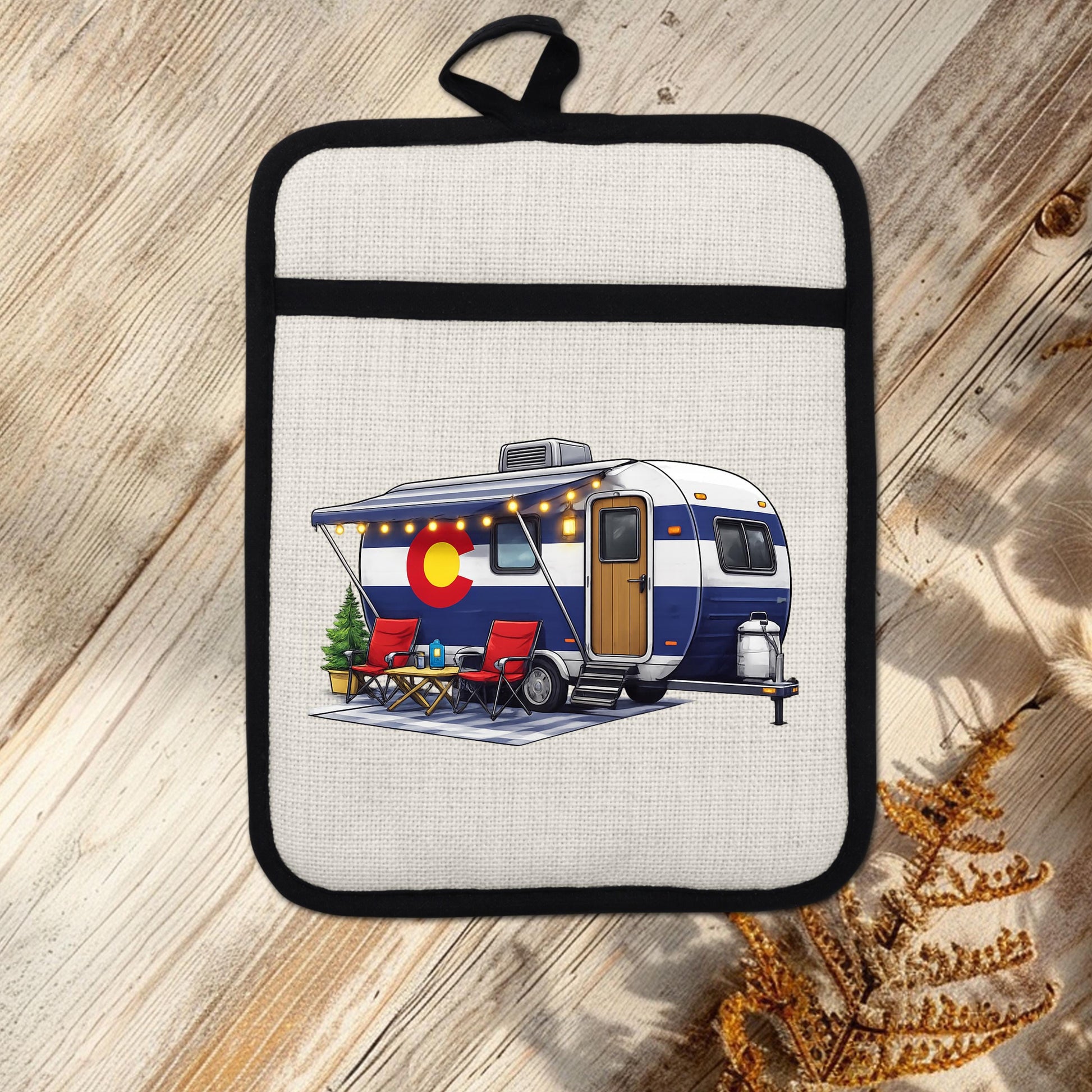 Colorado Camper Pot Holder - Linen Fabric, Silicone Heat Trivet With Loop - alternate view