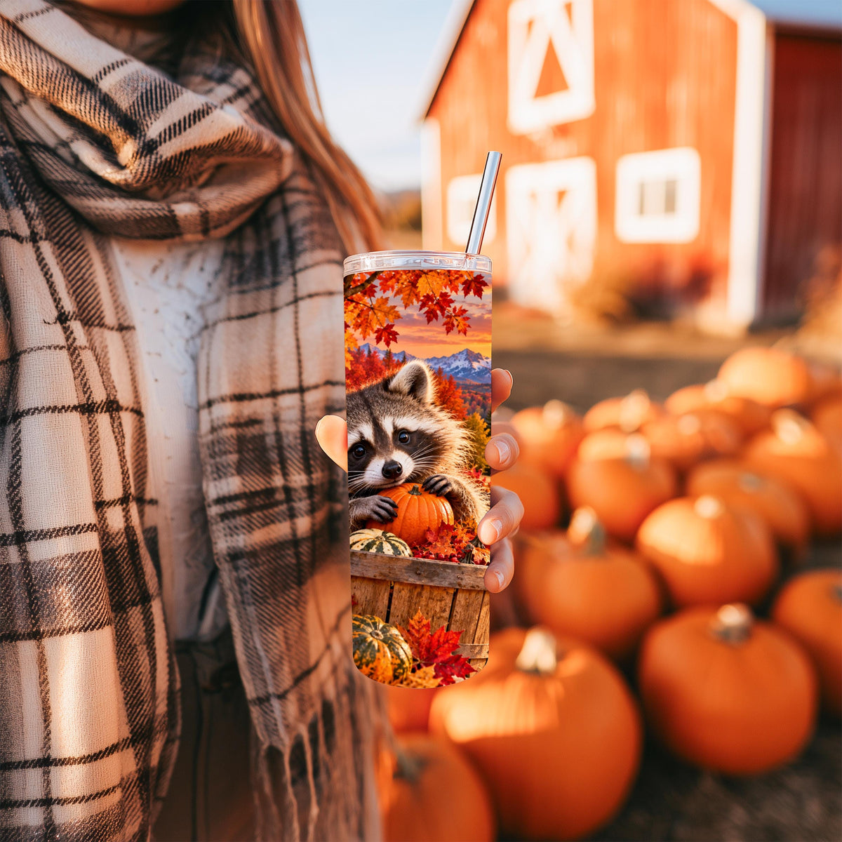 Autumn Tumbler, Raccoon Fall Cup, 20 Oz Skinny, Pumpkin Harvest Art