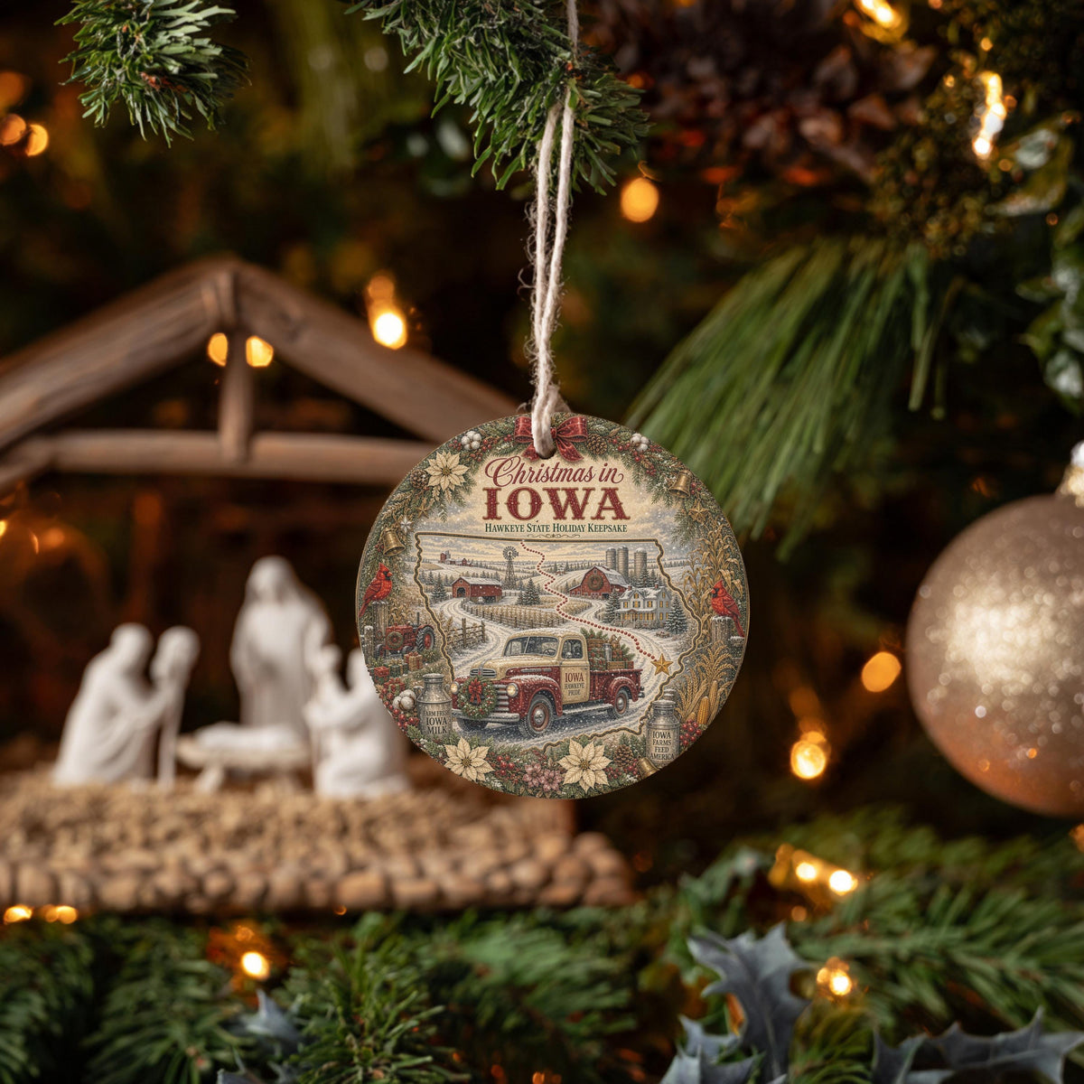 Iowa Christmas Ornament, Vintage Truck Cardinal Ceramic Keepsake
