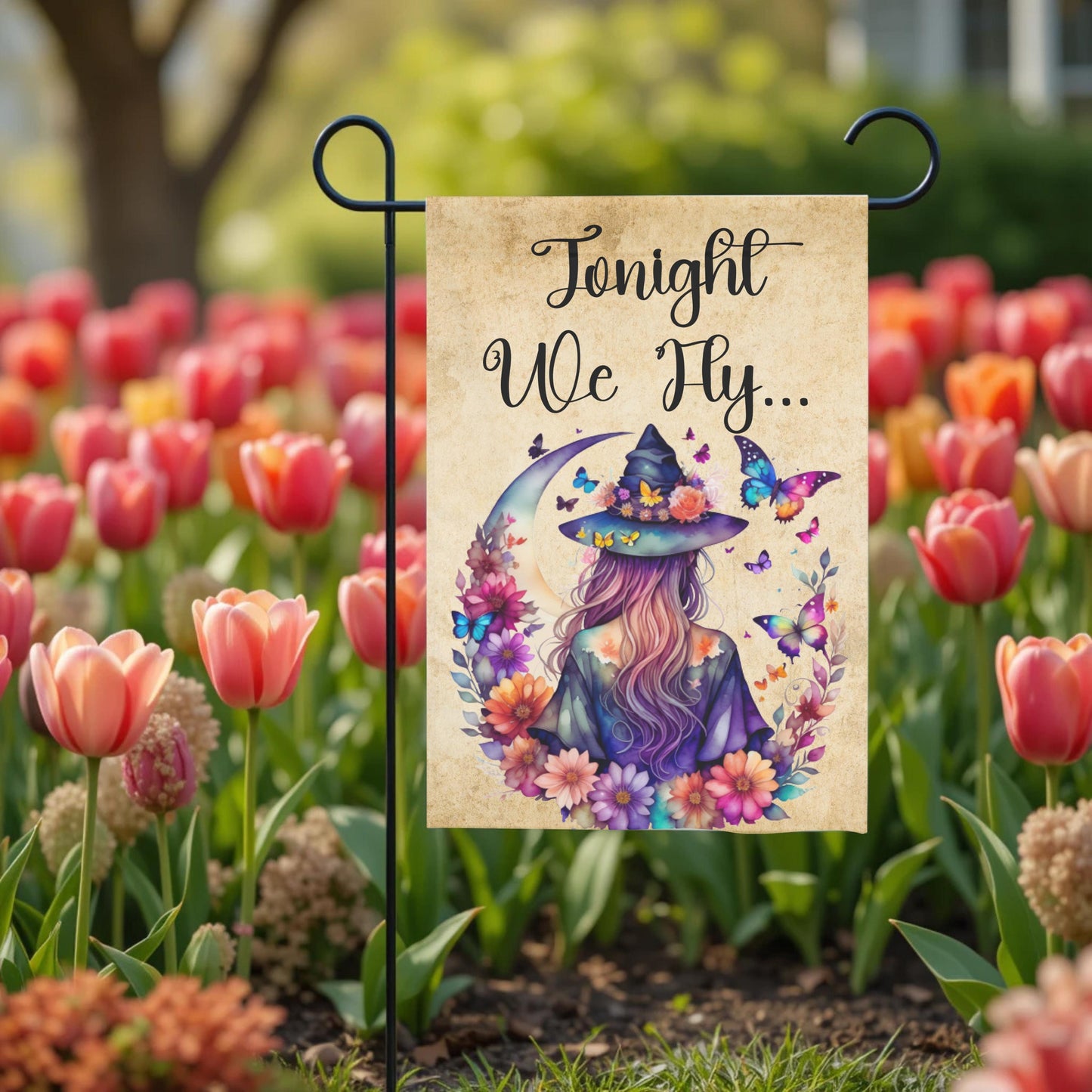 Witch Garden Flag – Floral Butterfly Moon | Boho Halloween Yard Decor 12x18 - lifestyle display