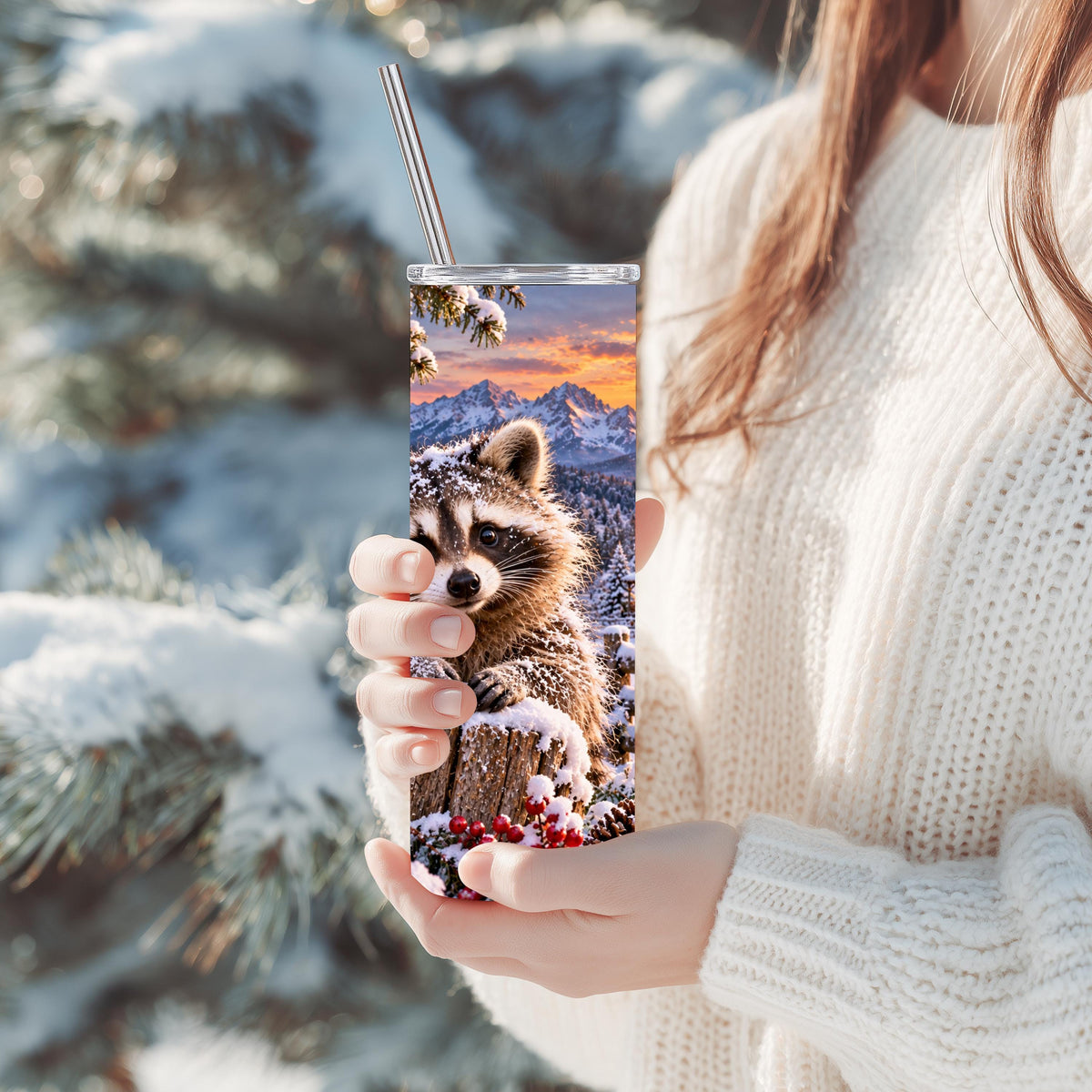 Raccoon Tumbler, 20 Oz Skinny, Snowy Cabin Lantern Holiday Gift