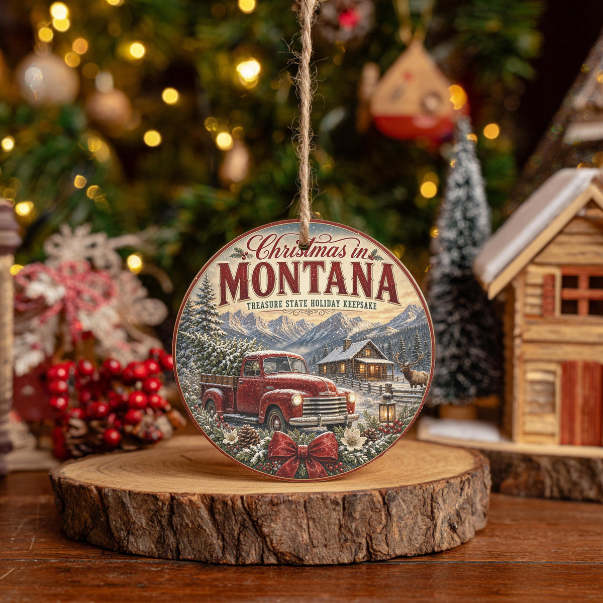 Montana Christmas Ornament, Rustic Cabin Scene | Ceramic, 3 Inch