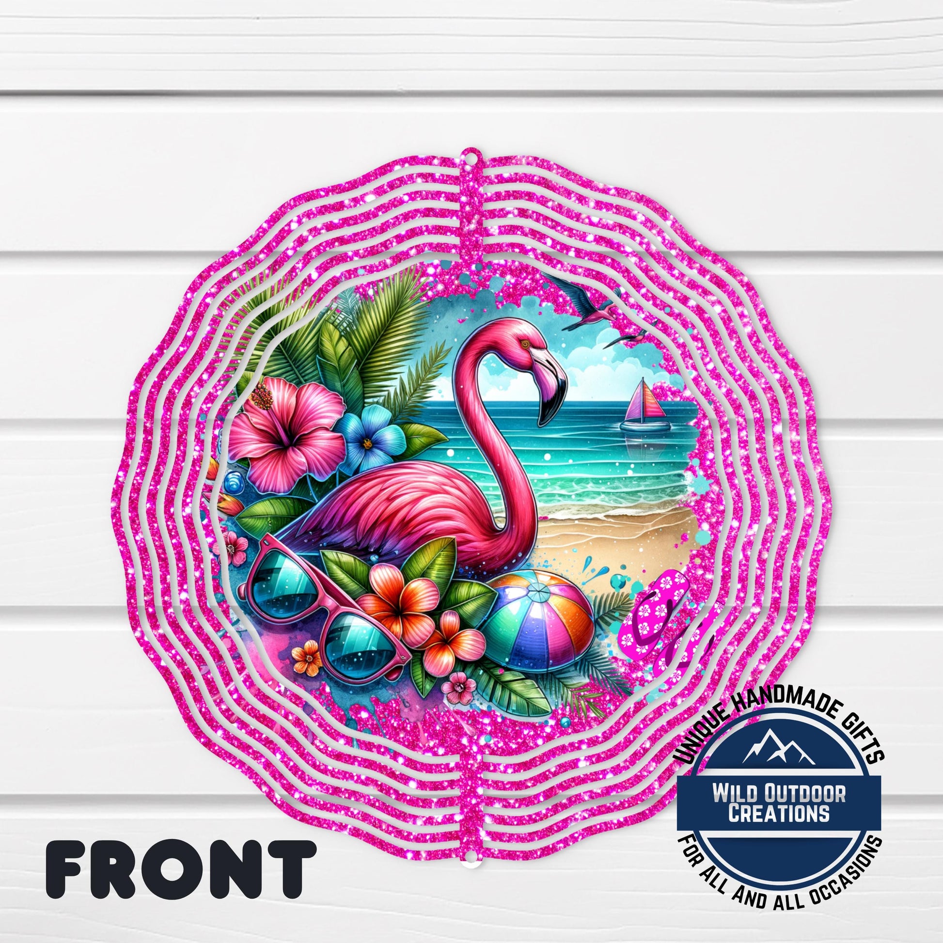 Flamingo Wind Spinner - Double Sided Aluminum Outdoor Garden Art with 360° Swivel - shown spinning in outdoor garden setting