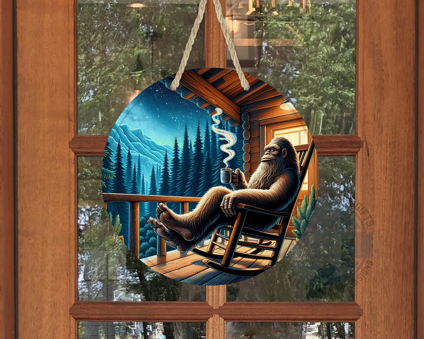 Bigfoot Porch Decor – Sasquatch Door Hanger | Rustic Cabin Wall Art, Weather Resistant Sign - displayed on front door