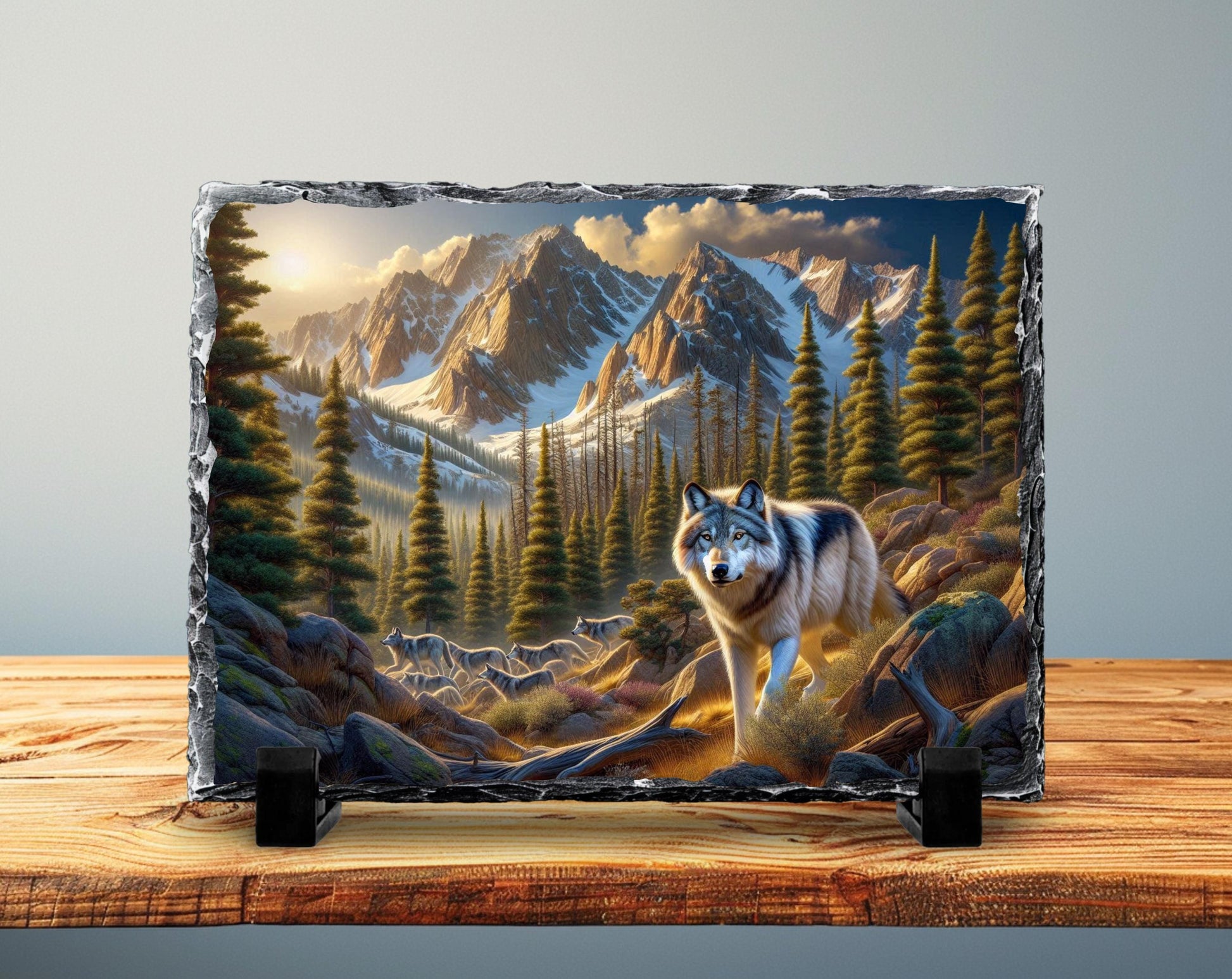 Wolf Stone Plaque - Rustic Slate Artwork | Wildlife Wall Art Gift - gift presentation view