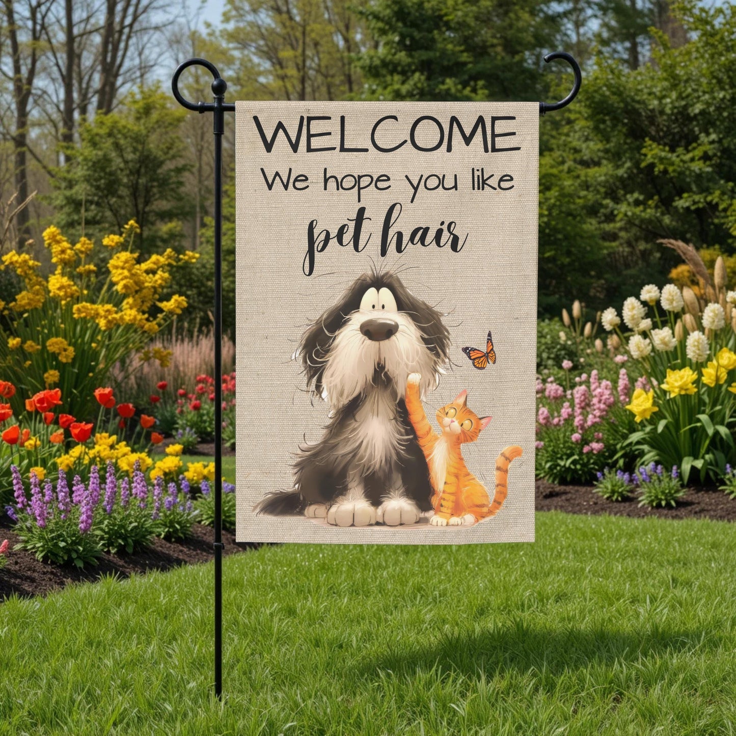 Pet Hair Garden Flag - Funny Welcome Dog And Cat Outdoor Decor 12x18 Sublimation - design detail