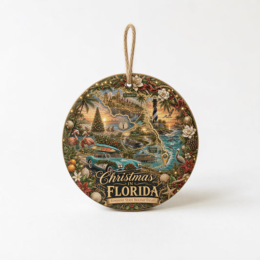 Florida Christmas Ornament, Vintage Ceramic Keepsake | 3 Inch Round