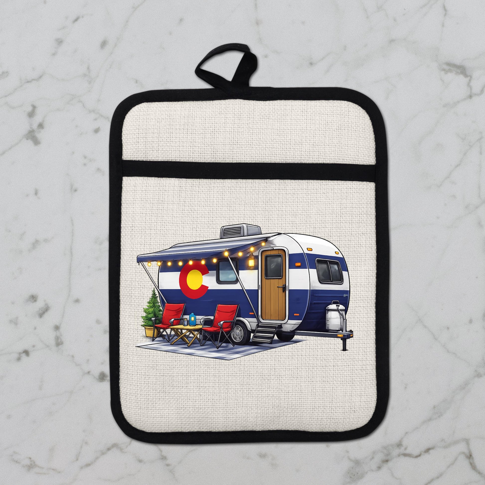 Colorado Camper Pot Holder - Linen Fabric, Silicone Heat Trivet With Loop - gift presentation view