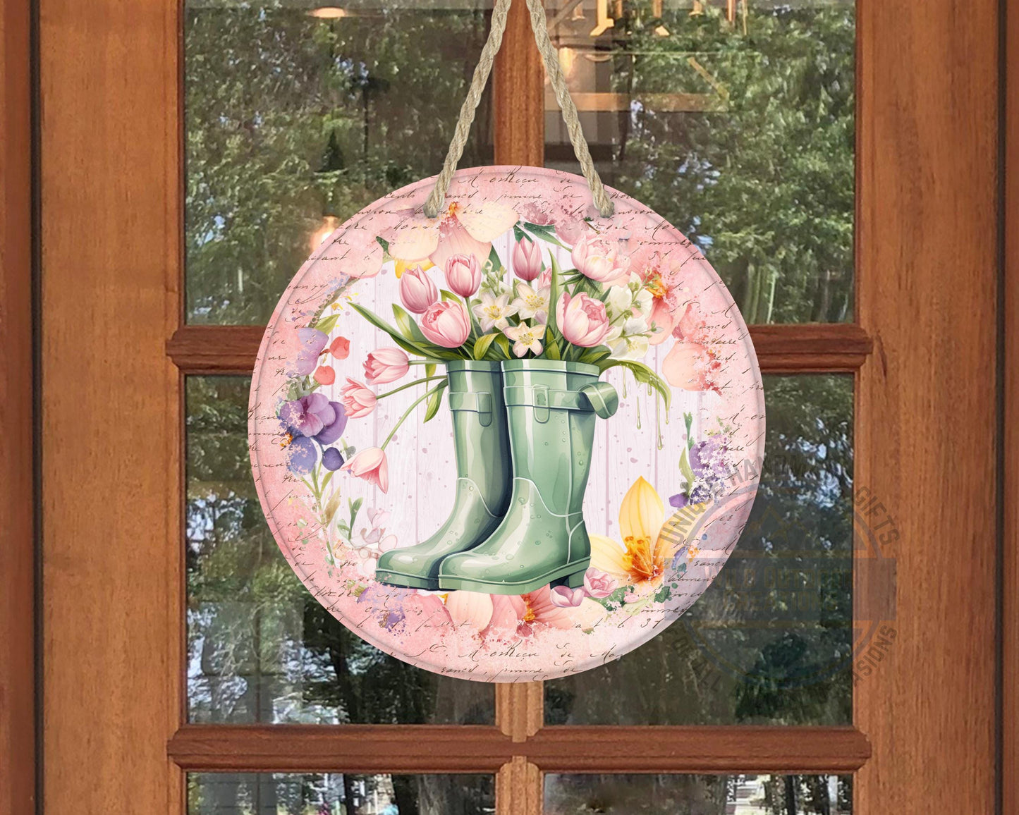 Spring Garden Boots - Pink Tulip Floral Door Hanger | Rustic Farmhouse Charm - displayed on front door