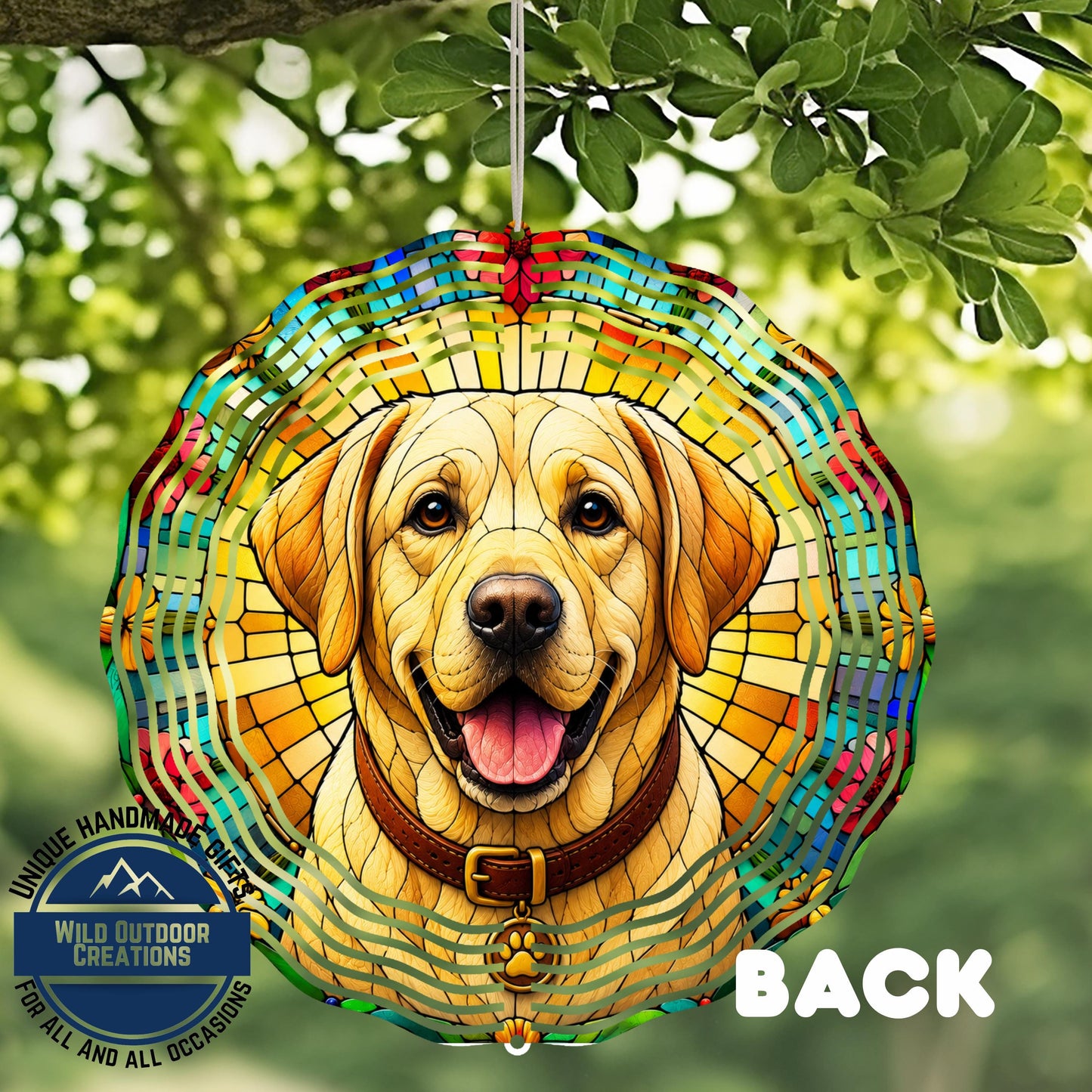 Yellow Lab Wind Spinner - 10 Inch Faux Stained Glass Metal Garden Decor