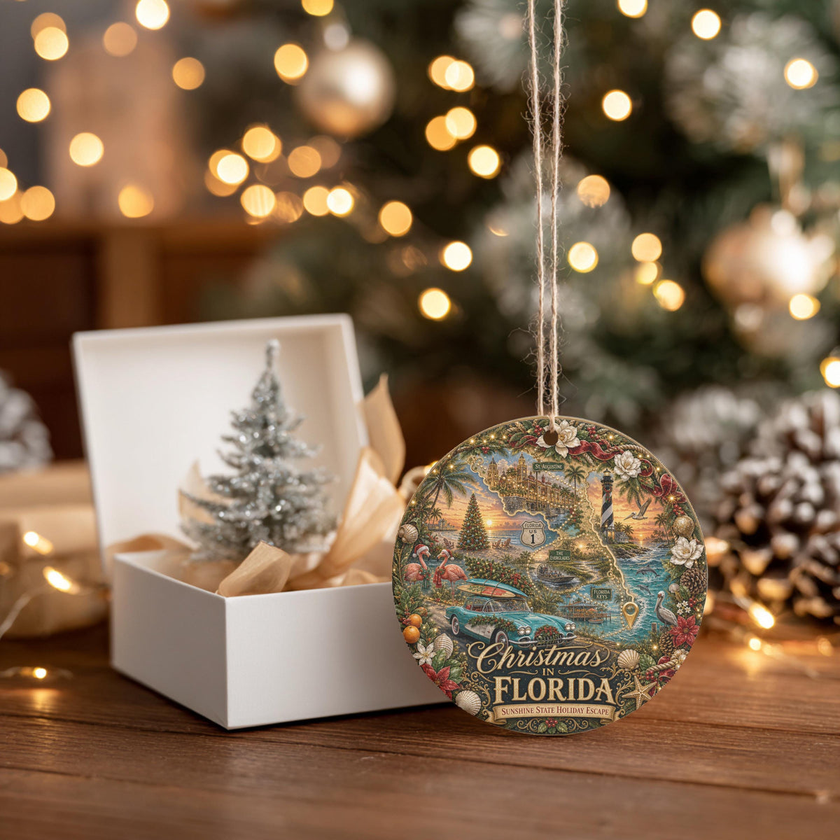 Florida Christmas Ornament, Vintage Ceramic Keepsake | 3 Inch Round
