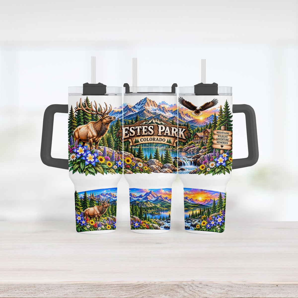 Estes Park Tumbler, 40 Oz Handle Cup, Elk Mountain Colorado Gift