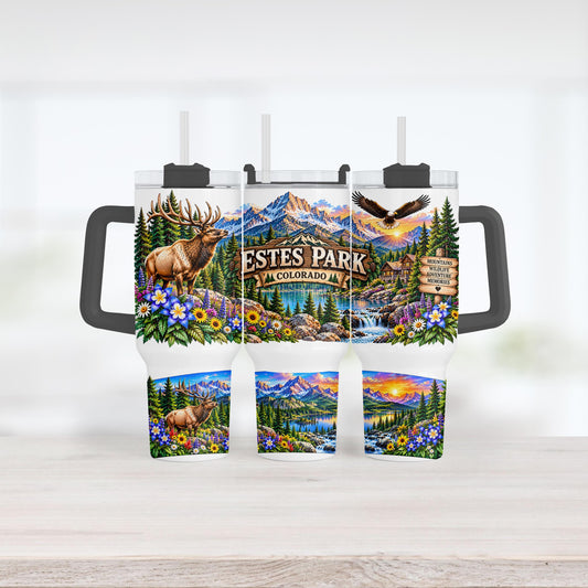 Estes Park Tumbler, 40 Oz Handle Cup, Elk Mountain Colorado Gift