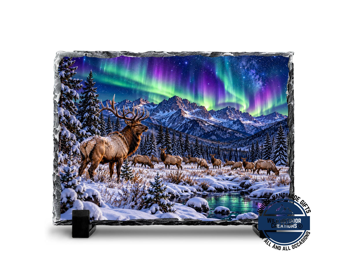 Elk Herd Slate Plaque, Northern Lights Wildlife Art, Rustic Mountain Cabin Decor