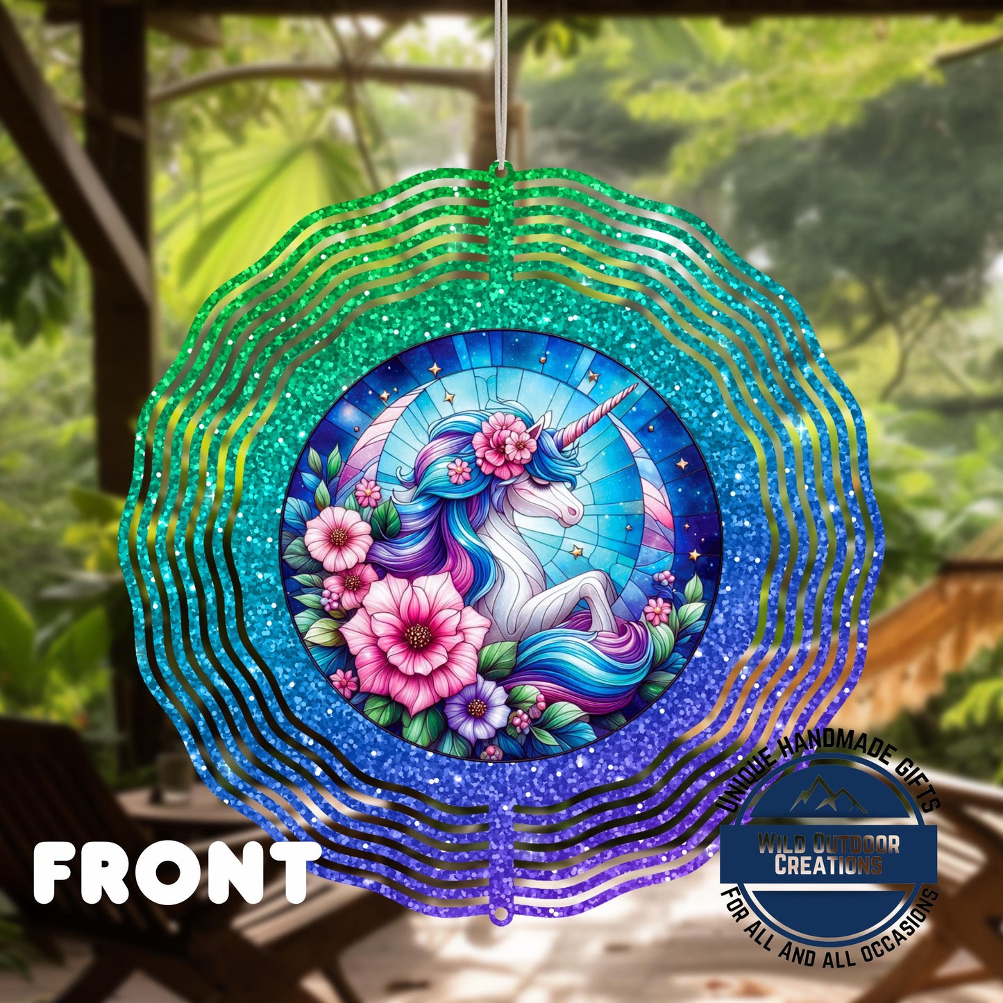 Unicorn Wind Spinner - Double Sided Glitter Ombre 10 Inch Outdoor Decor - back side design view
