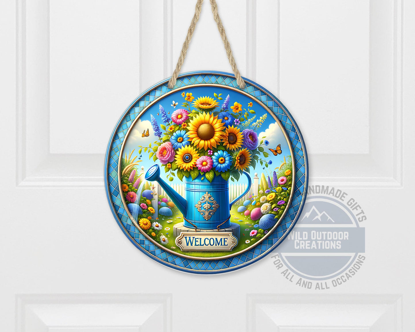 Watering Can Welcome Sign – Round Aluminum Garden Door Hanger With Sunflower Decor - scale and size reference