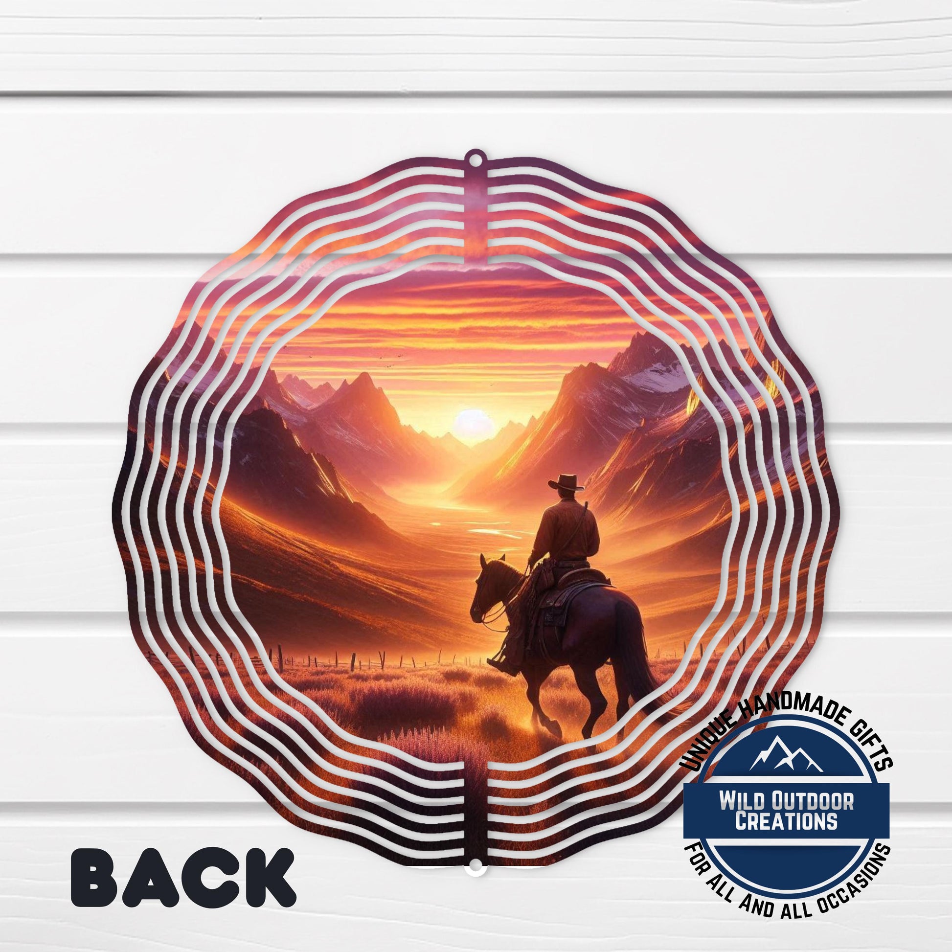 Cowboy Wind Spinner – Horse Sunset Scene | Outdoor Ranch Decor, 10 Inch - scale and size reference