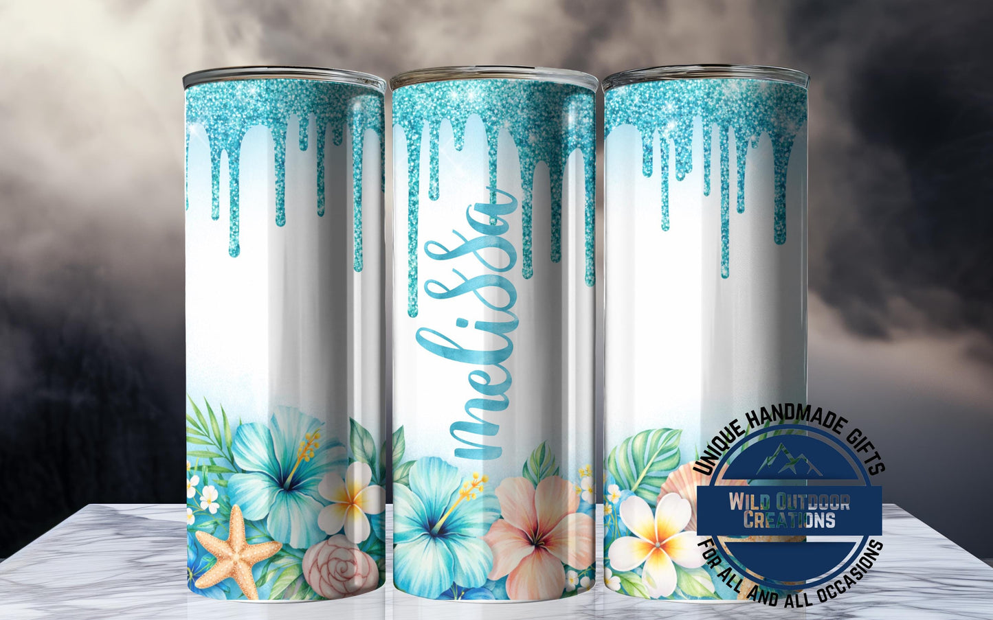 Personalized Tropical Tumbler - Double Wall Tumbler With Floral Beach Design & Glow Green - additional product photo 10