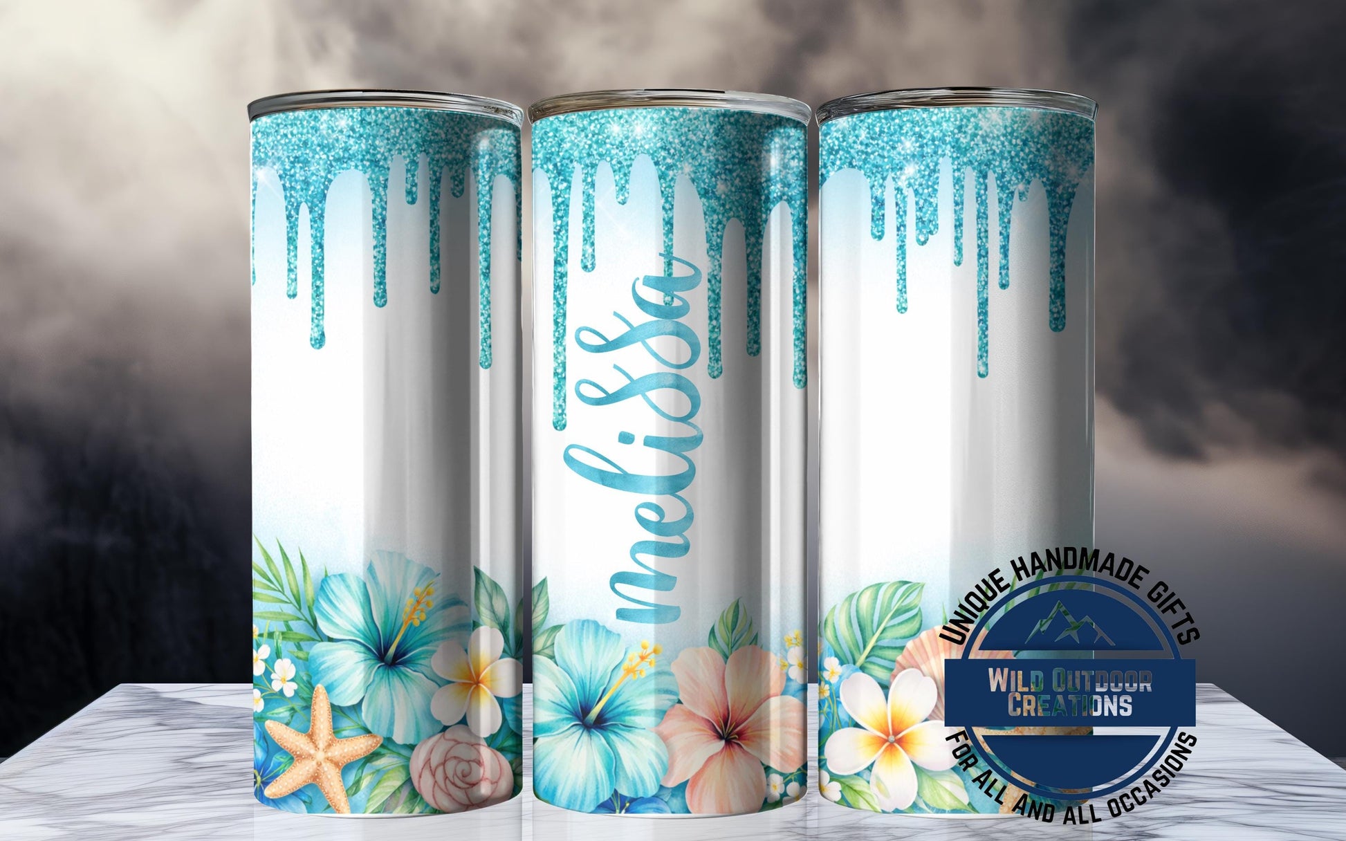 Personalized Tropical Tumbler - Double Wall Tumbler With Floral Beach Design & Glow Green - additional product photo 10