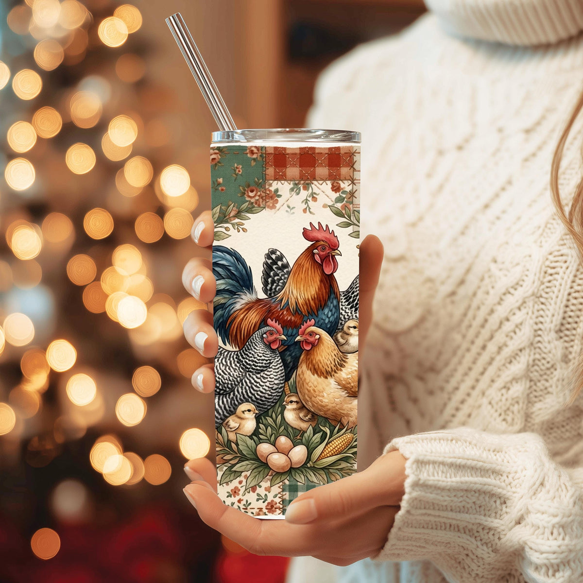Chicken Tumbler, Rooster Hen Patchwork Quilt, 20 Oz Skinny Gift