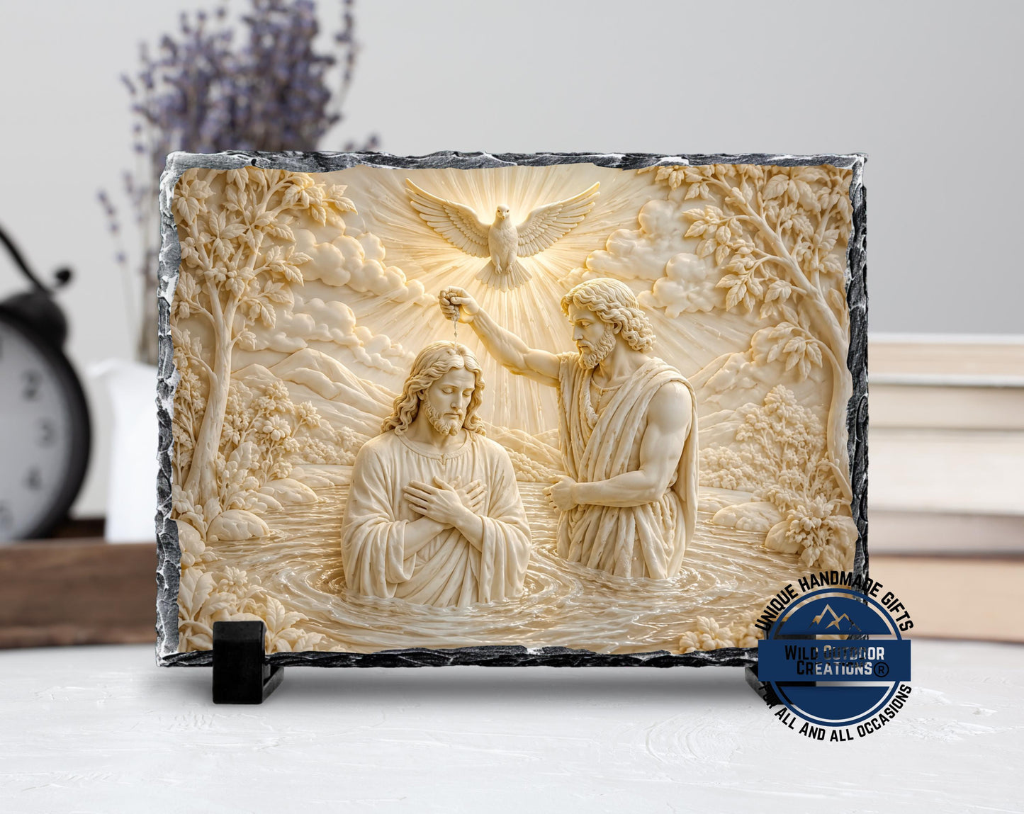 Jesus River Jordan Baptism Slate Plaque, Holy Spirit Dove Religious Decor, Christian Gift