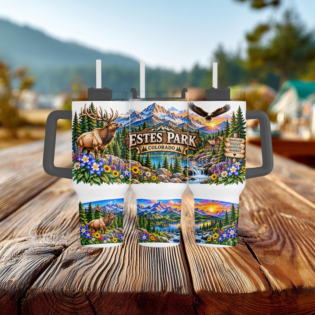 Estes Park Tumbler, 40 Oz Handle Cup, Elk Mountain Colorado Gift