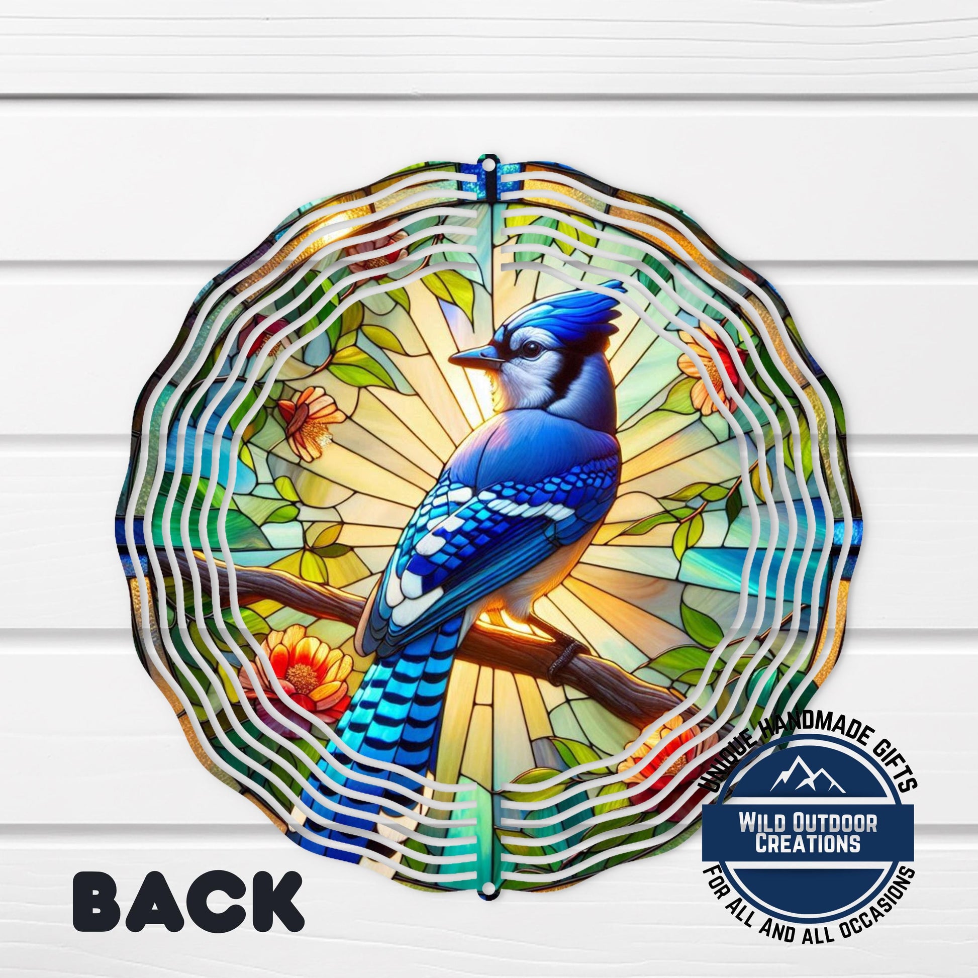 Blue Jay Wind Spinner – 10 Inch Aluminum Garden Spinner with Faux Stained Glass Decor - scale and size reference