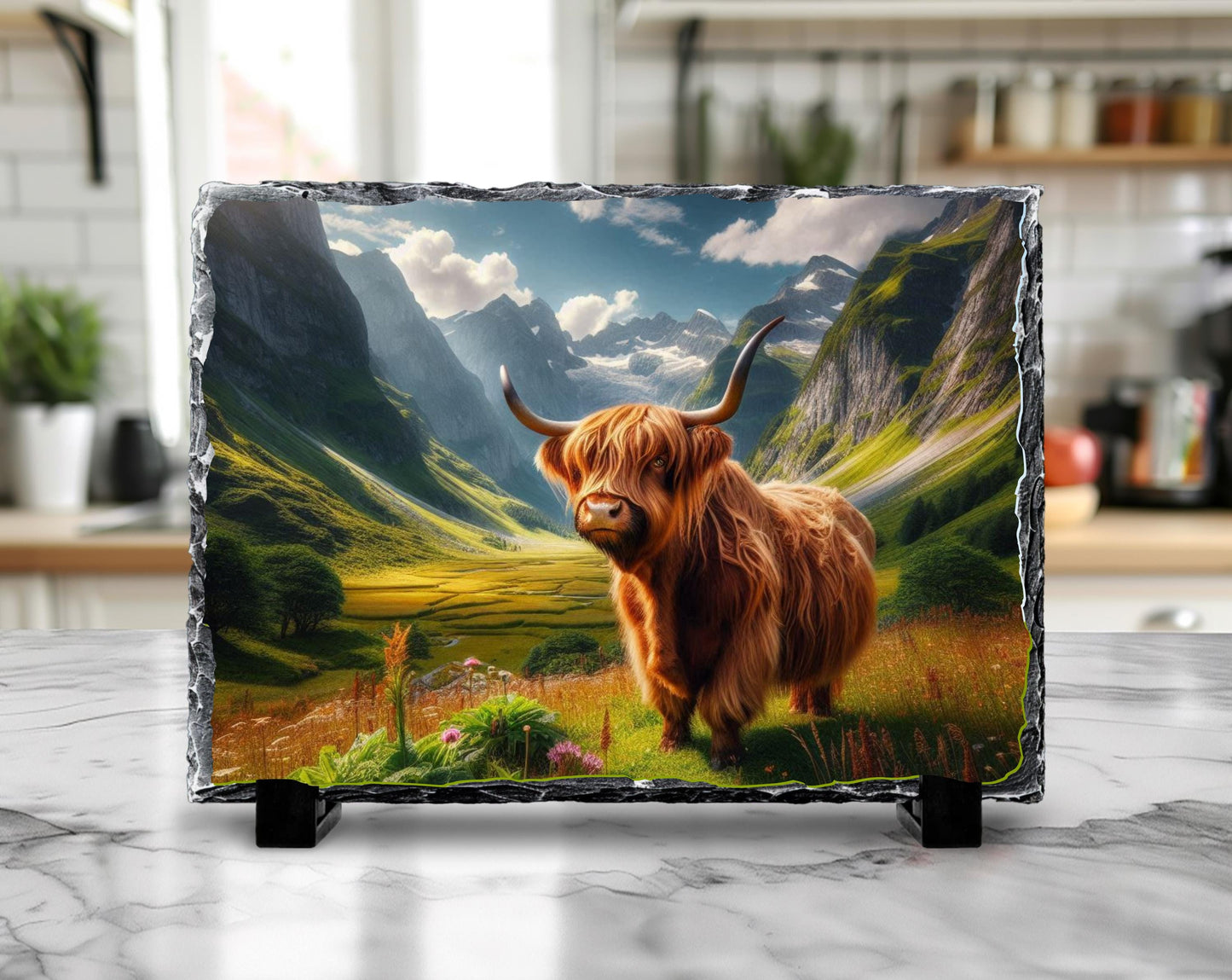 Highland Cow Slate Plaque – Durable Natural Stone Decor with Mountain View - lifestyle view