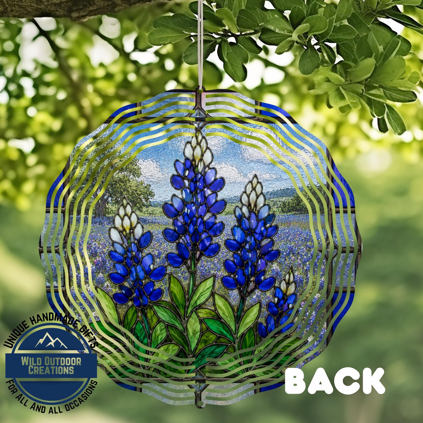 Bluebonnet Wind Spinner Texas Flower Stained Glass Style Garden Aluminum Outdoor Decor