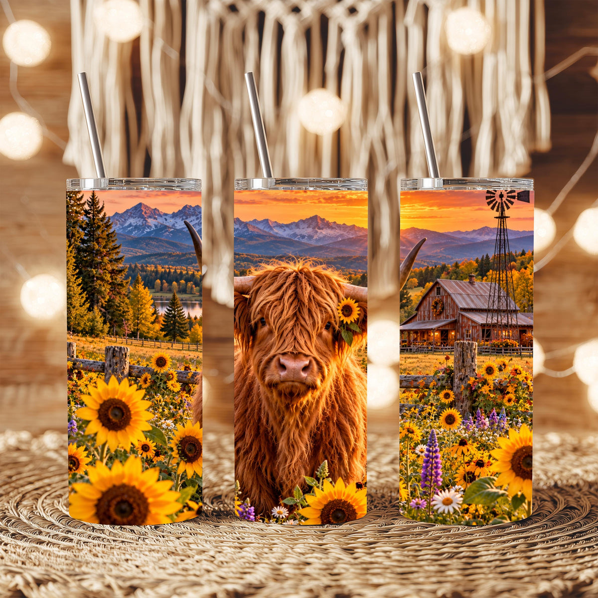 Highland Cow Cup, Sunflower Wrap | 20 Oz Skinny Tumbler Set