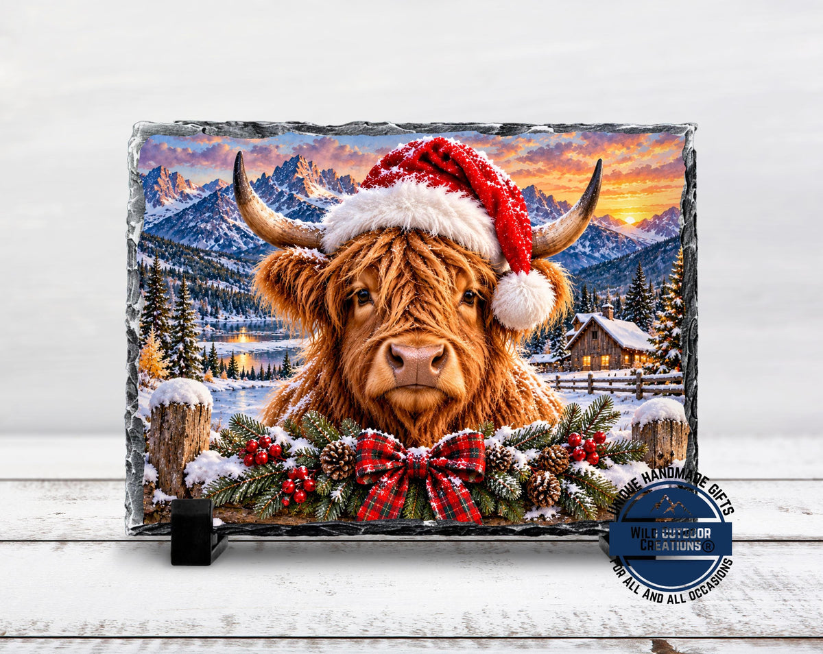Highland Cow Christmas Slate Plaque, Rustic Farmhouse Holiday Decor, Cow Lover Gift