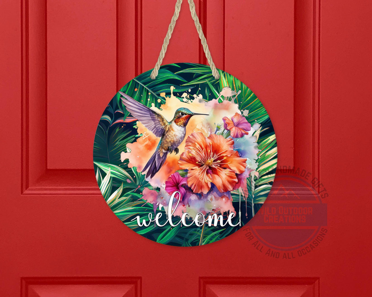 Tropical Hummingbird Door Hanger - Colorful Floral Welcome Sign with Fade Resistant Print - alternate view