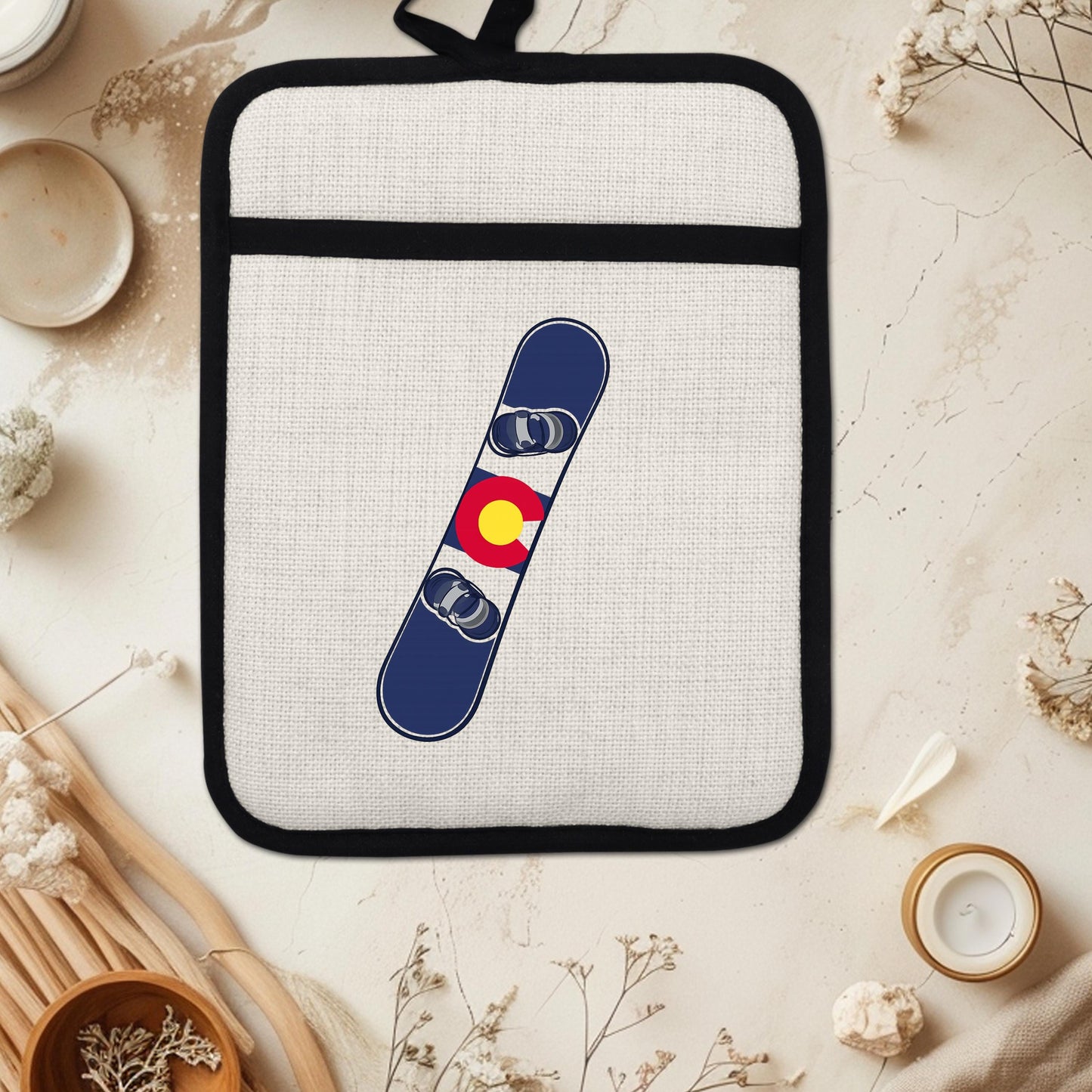 Snowboard Pot Holder - Colorado Flag Design | Linen Fabric & Silicone Backing Pad Trivet - detail view